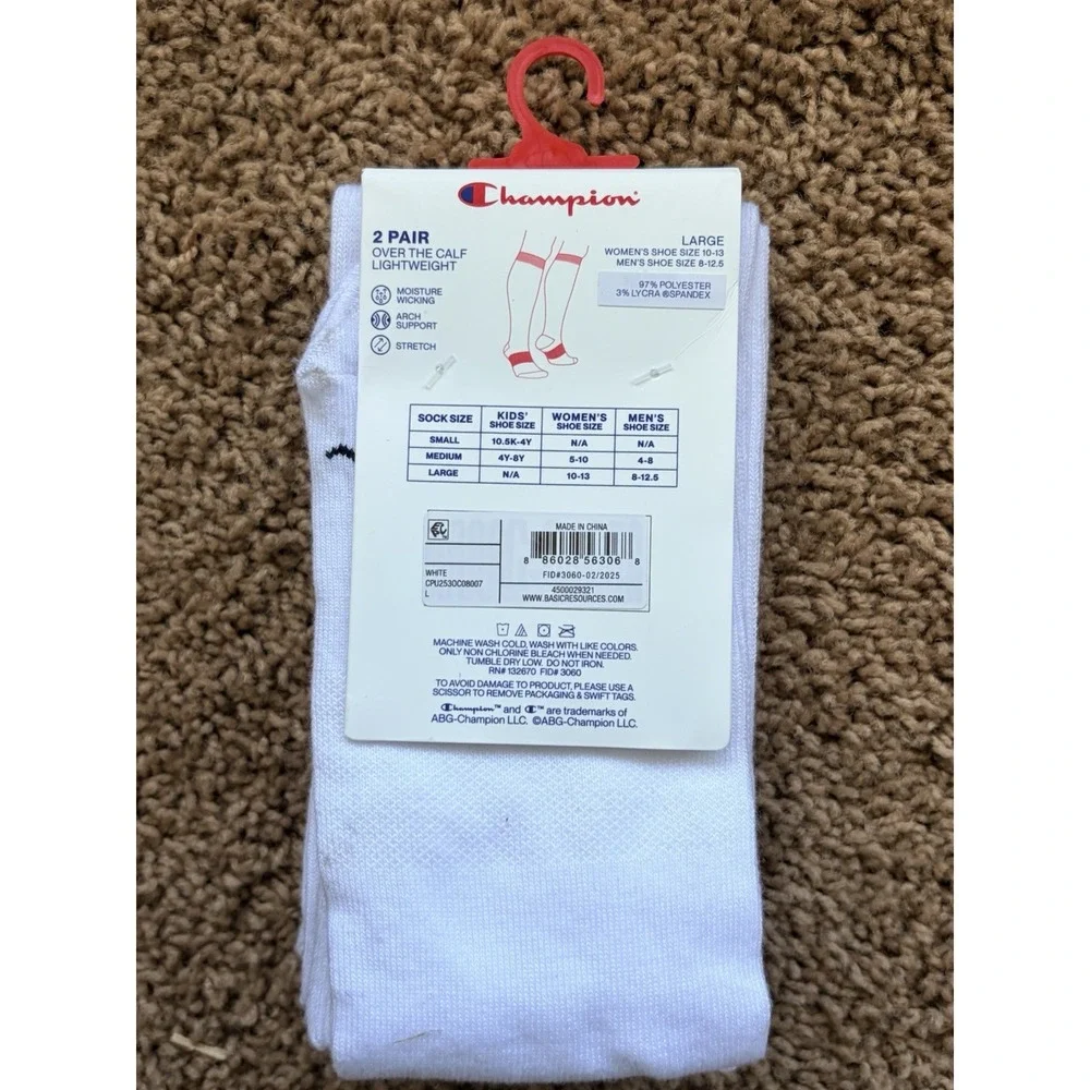 Champion White Lightweight Moisture Wicking Over the Calf Socks NEW - 2 Pack NWT